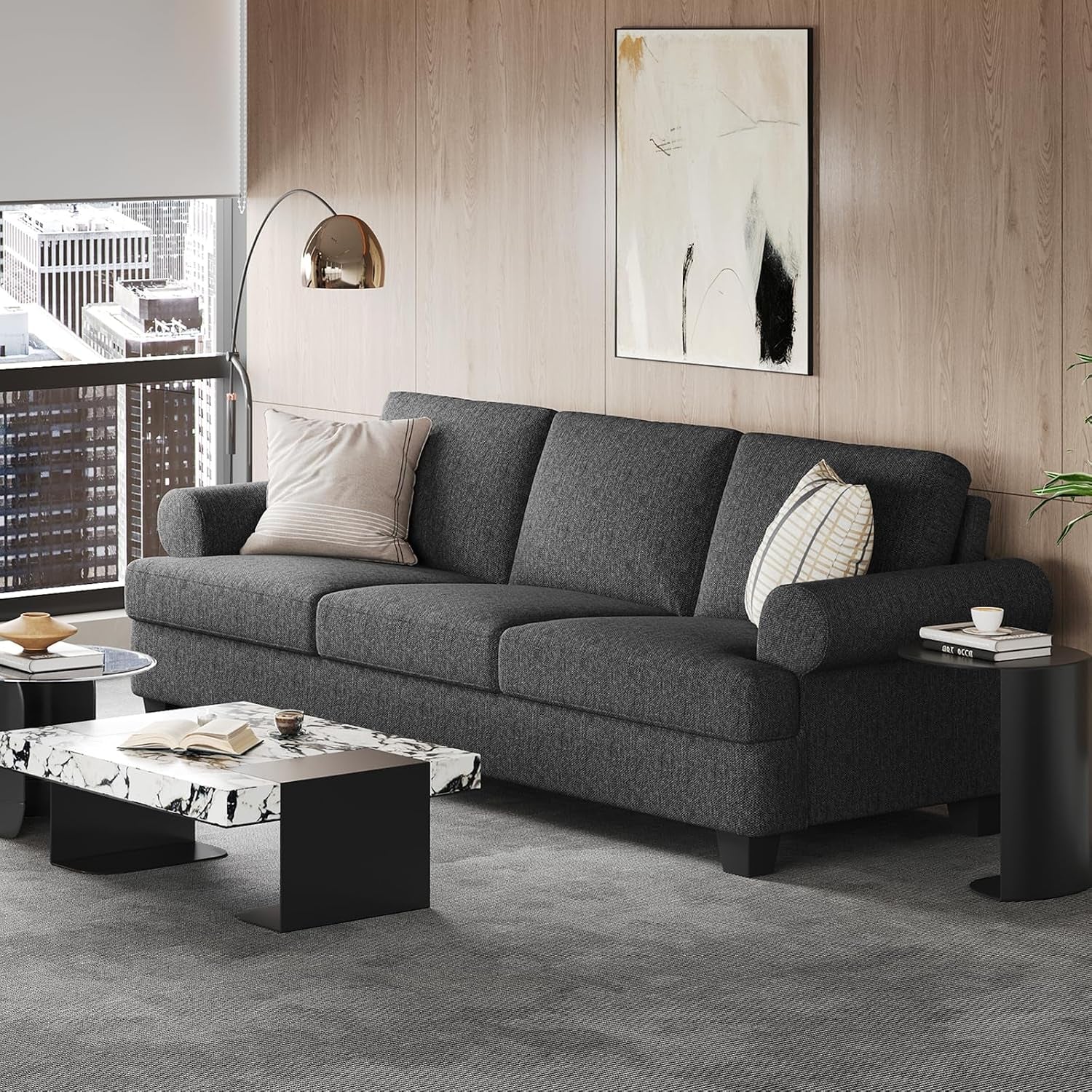 231CM Sofa Couch, Deep Seat Sofa with Lawson Style Armrests, Modern 3 Seater Sofa with Upholstered Cushion& Backrests, Mid-Century Comfy Couch for Living Room, Apartment, Gray