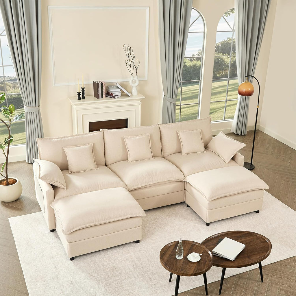 274 Cm U-Shaped Sofa, Linen Deep Seat Sofa Bed, Beige | Cloud Comfort, Deep Seat Design, Soft Chenille Upholstery, Machine-Washable Covers, Movable Ottoman