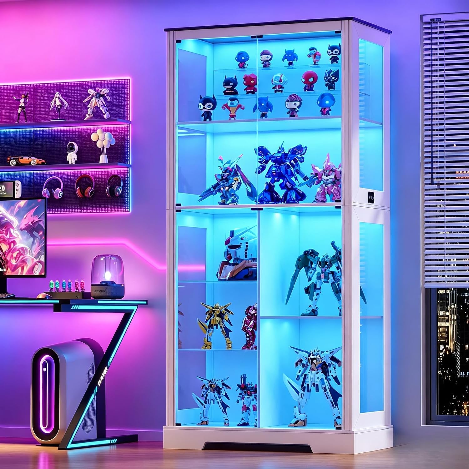 180Cm LED Display Cabinet with Glass Doors for Collectibles,White | Curio Cabinet with Glass Shelf,6-Tier Display Cases with 3 Color Lights and Human Body for Bedroom,Books,Toys