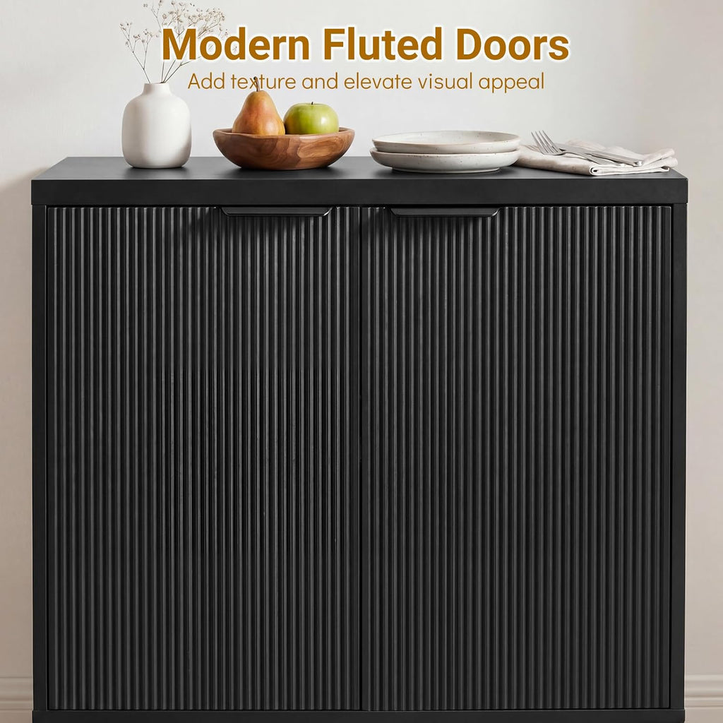 Fluted Buffet Sideboard, 2 Door Storage Cabinet with Metal Legs | Adjustable Shelf, X-Shaped Design, Anti-Tipping Kit, Modern Coffee Bar Cabinet for Living Room Dining Room Hallway (Black)