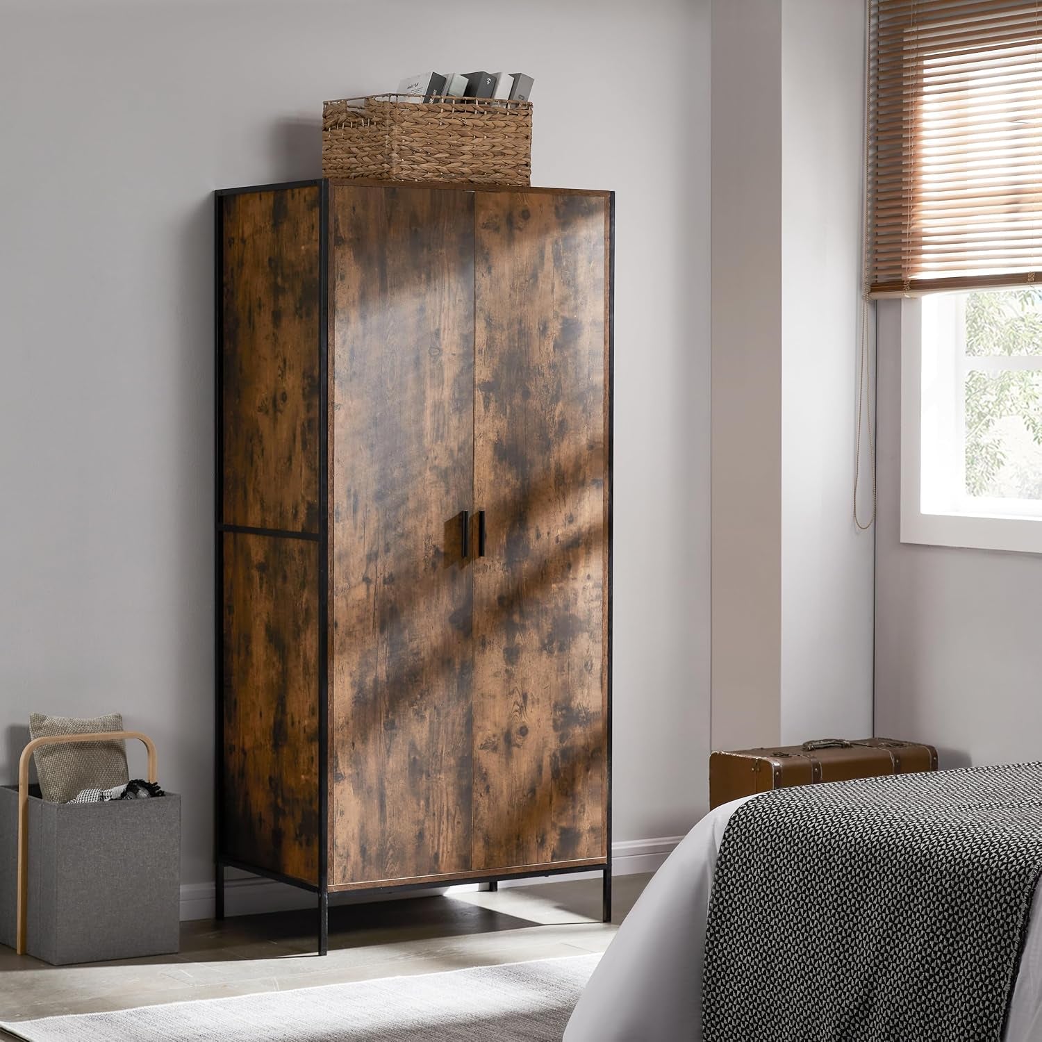 Brooklyn 2 Door Wardrobe Clothes Hanging Rail Shelf Industrial Rustic Bedroom Furniture (Dark Wood)
