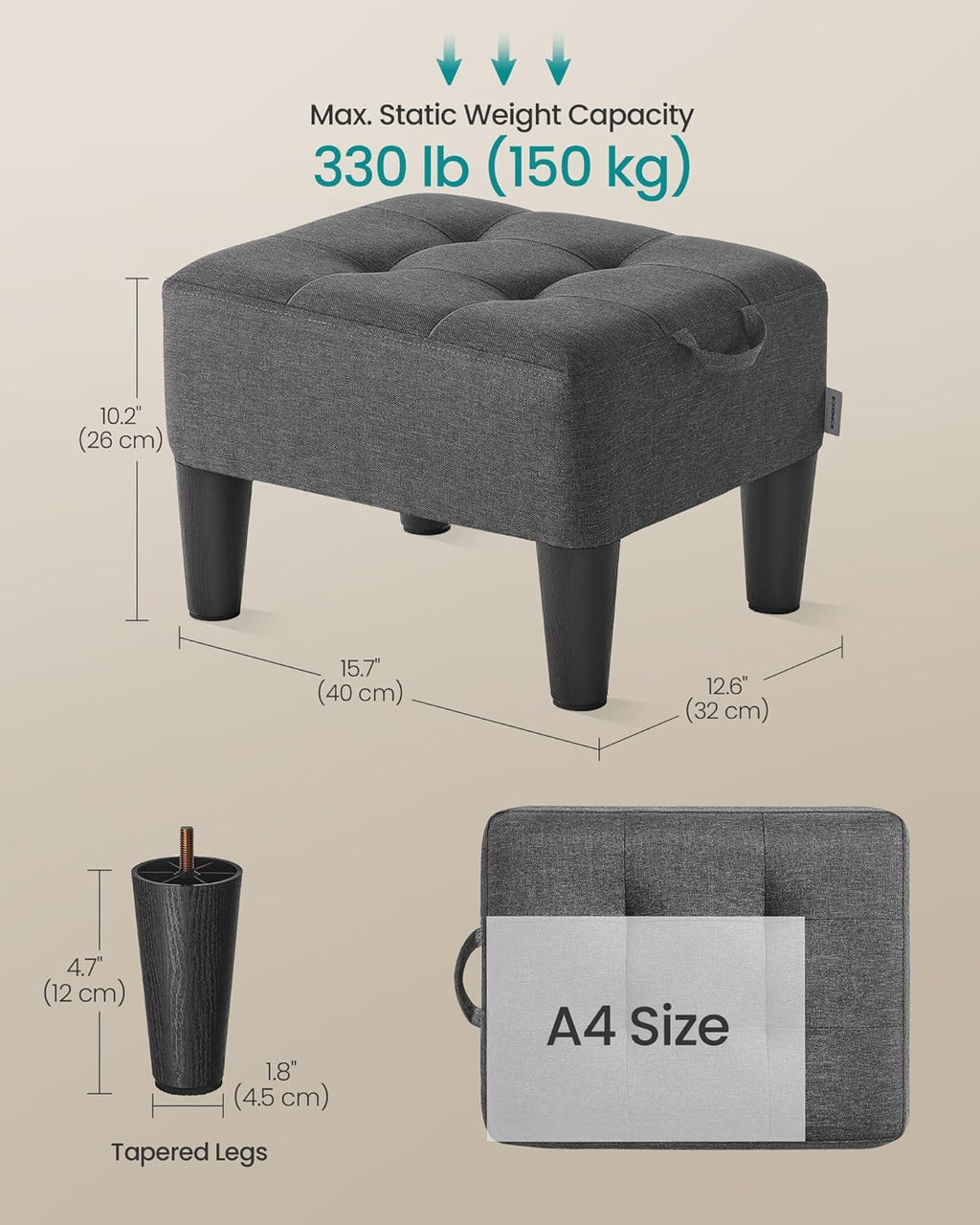 Foot Stool, Linen-Look Fabric Ottoman with Thick Cushion | Footstool, 150 Kg Weight Capacity, for Living Room, Bedroom, Entryway, Slate Grey and Ink Black LOM502G02