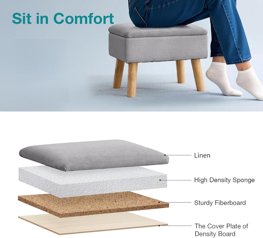 Footstool Ottoman with Storage, Linen Rectangle Storage Ottoman, Foot Stool with Legs Sofa Footrest for Living Room Entryway Office, Gray