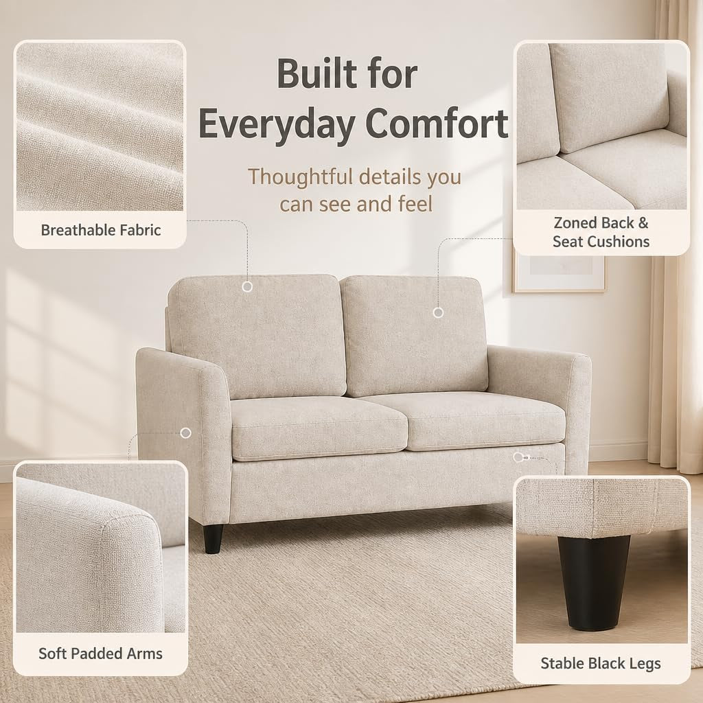 Beige 2-Seater Loveseat Sofa with Washable Covers | Quick Assembly, Cushions for Cozy Comfort,Sturdy Support, 135Cm Space-Saving,Small Apartments