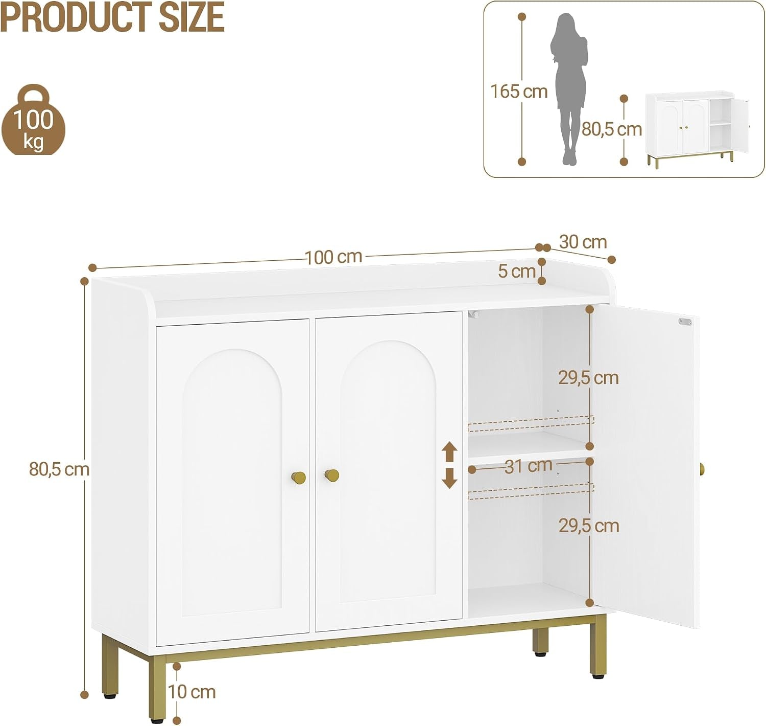 Sideboard Storage Cabinet, Kitchen Cabinets, 30 X 100 X 80.5 Cm | Freestanding Kitchen Cupboard Buffet with 2 Doors and Adjustable Shelves, for Dining Room, Living Room, White, SC21313G