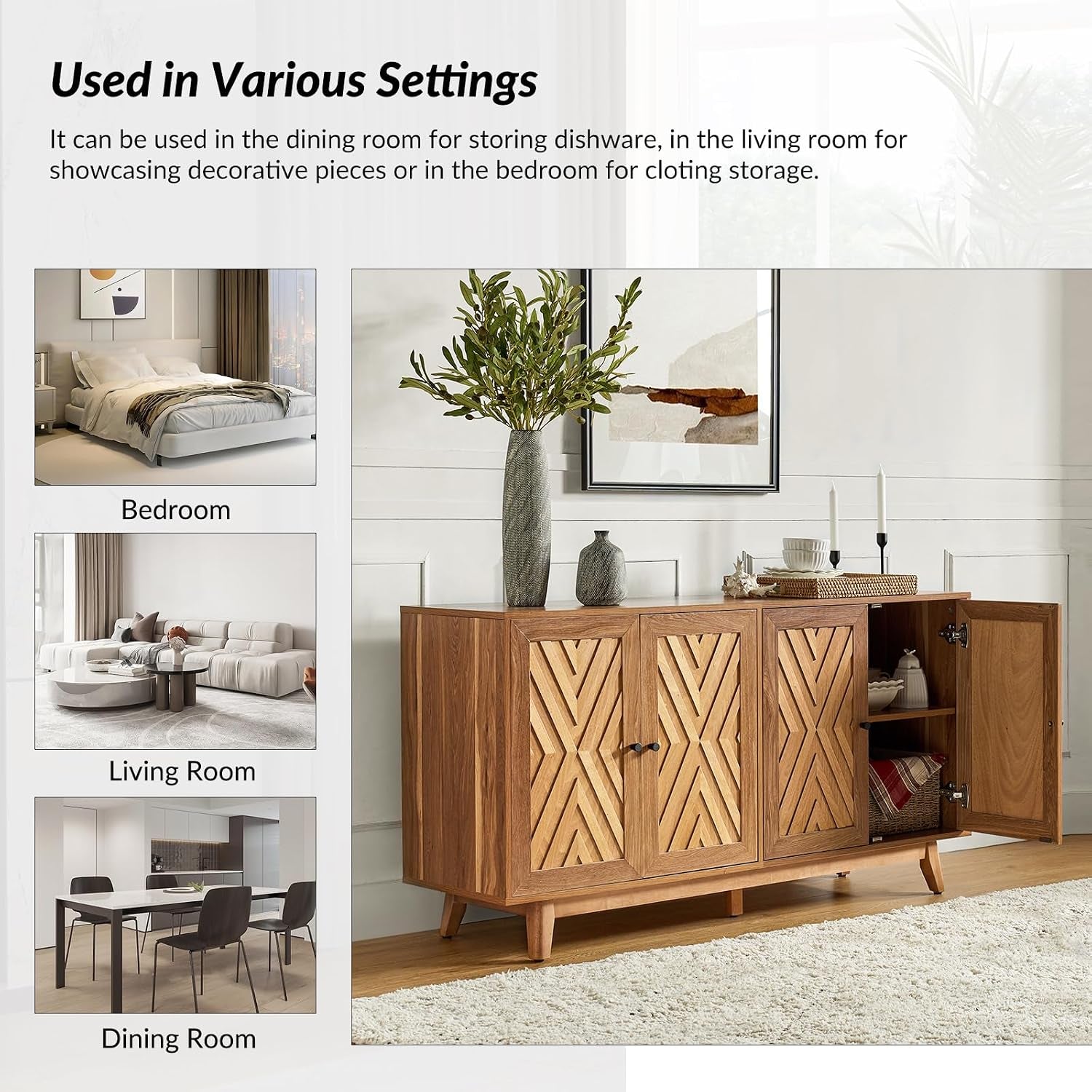 145 Cm Mid-Century Sideboard with Adjustable Shelves, Walnut | 4-Door Storage Cabinet with Chevron-Patterned Design, Solid Wood Legs, Ample Storage for Living Room or Dining Room