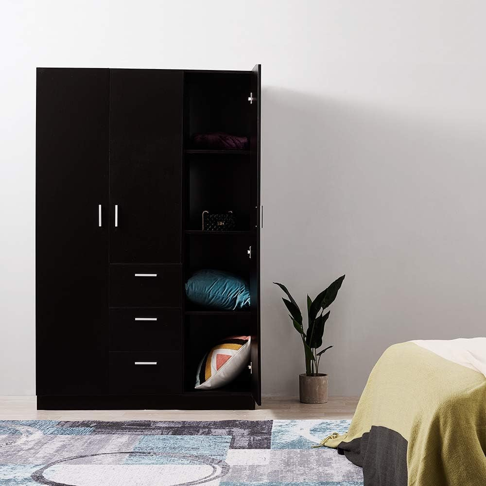 Wooden 3 Doors 3 Drawers Wardrobes with Hanging Rail and Storage Shelves Modern Large Clothes Cupboards Unit for Bedroom Furniture (Black)