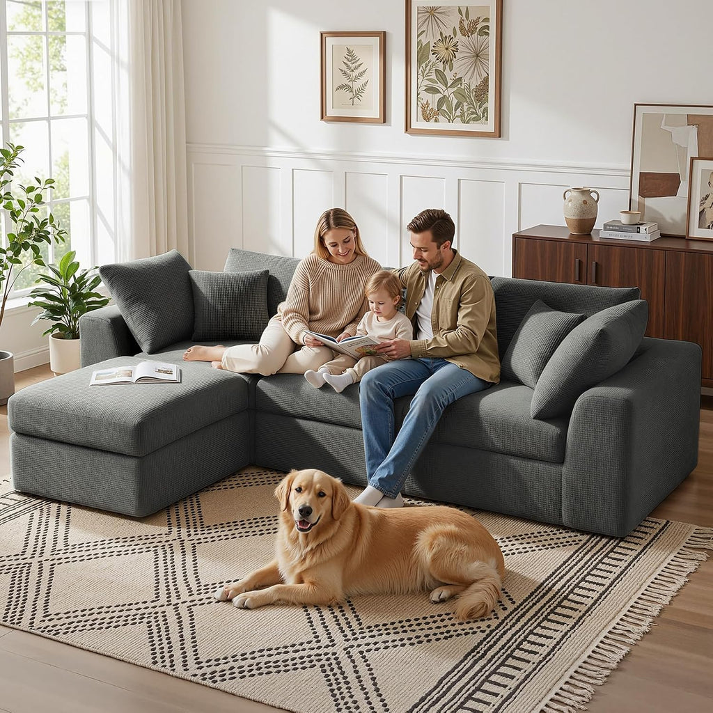 106" Modular Cloud Sectional Boneless Sofa with Movable Ottoman | Convertible L-Shaped Sectional Couches, Easy Assembly & Relocation for Living Room, Dark Gray