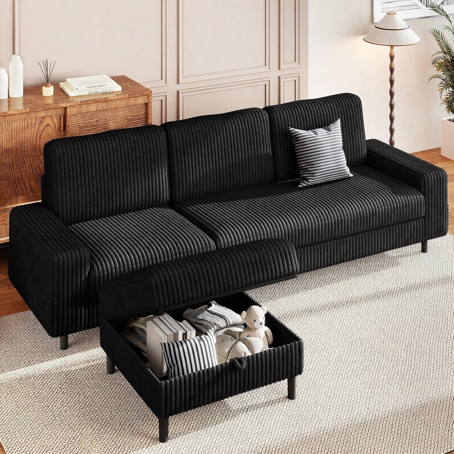 200Cm L Shaped Sofa with Movable Storage Ottoman, Black | 3-Seater Modular Sectional Sofa, Corduroy Couch, Wooden Frame, Deep Seat, Ideal for Living Room