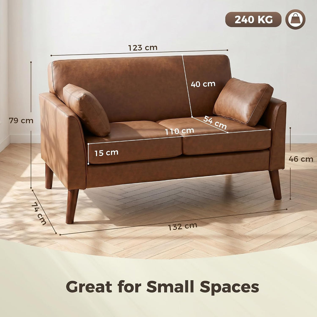 2 Seater Sofa 132 Cm PU Leather Upholstered for Small Space Brown | Modern Small Sofa, Loveseat, Solid Wood Legs, 2 Pillows, Couch Settee, Living Room, Bedroom, Home Office