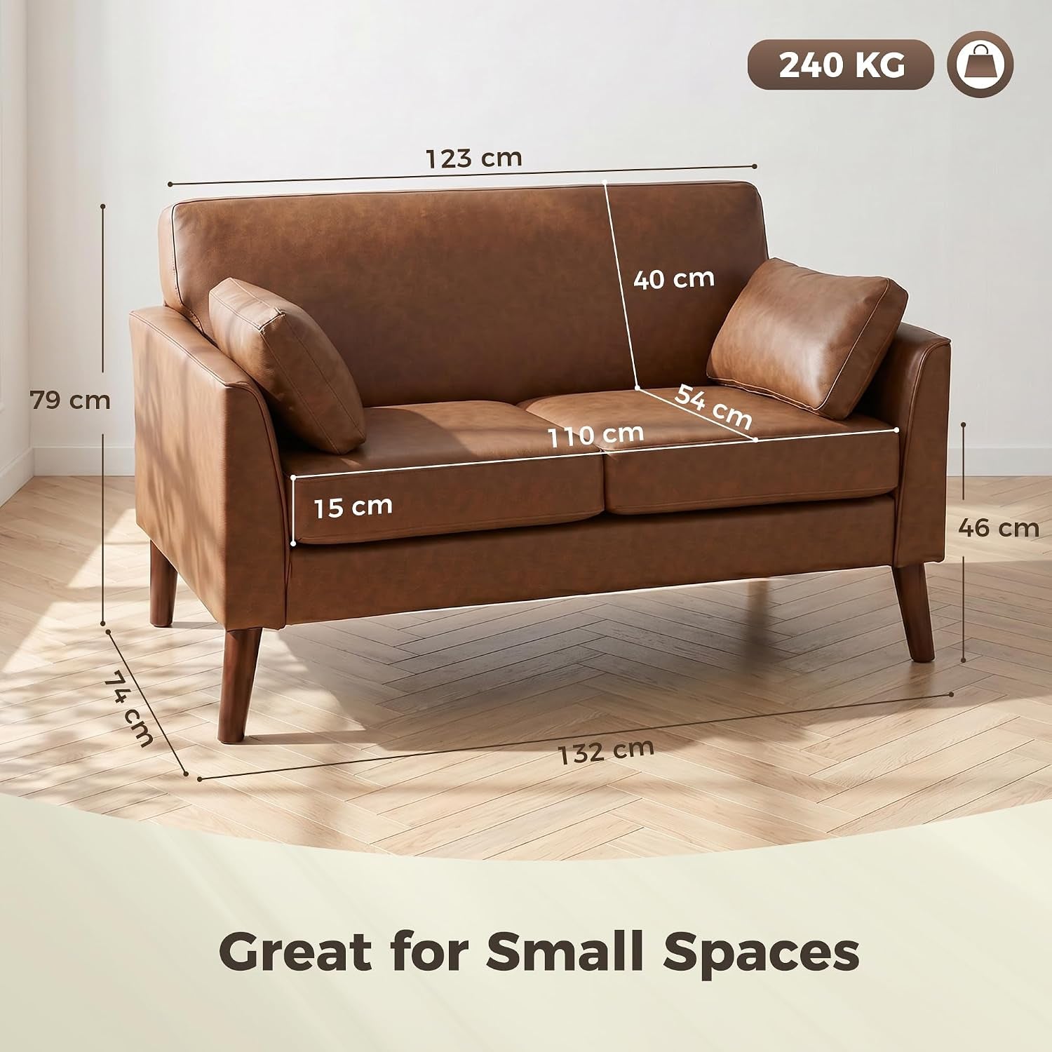 2 Seater Sofa 132 Cm PU Leather Upholstered for Small Space Brown | Modern Small Sofa, Loveseat, Solid Wood Legs, 2 Pillows, Couch Settee, Living Room, Bedroom, Home Office