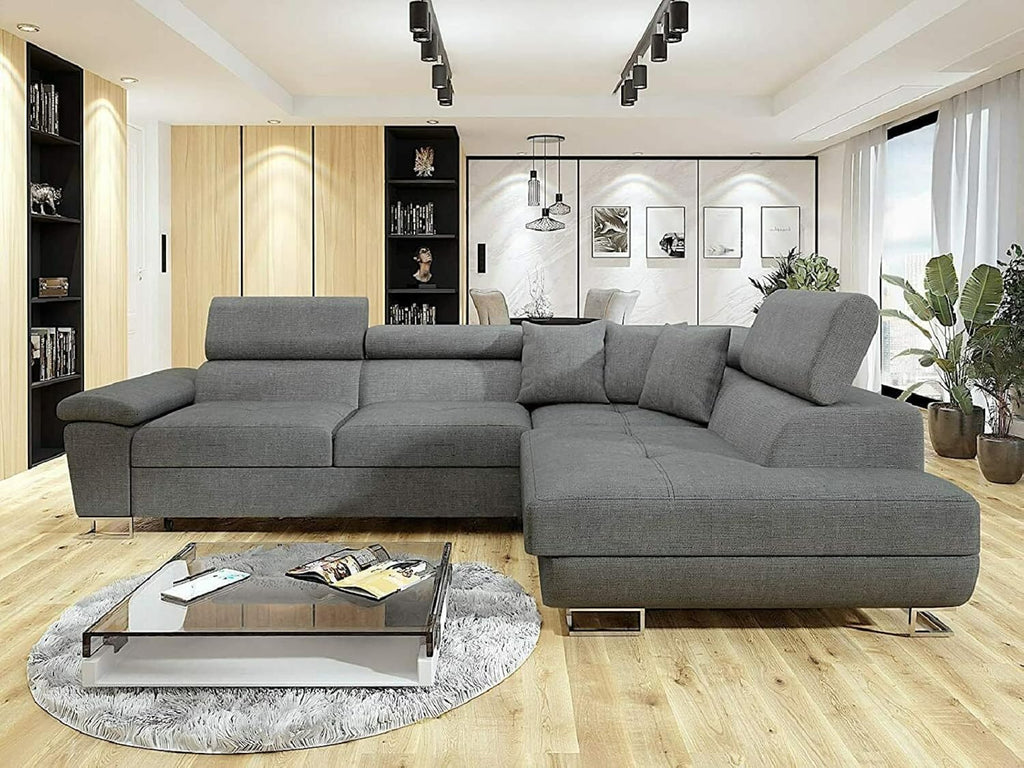 Ashbourne Grey Corner Sofa Bed with Storage – L Shaped Fabric Sofa Bed – Pull Out Double Sleeper Couch – 5 Seater Modern Sofa for Living Room – Left & Right Hand Options