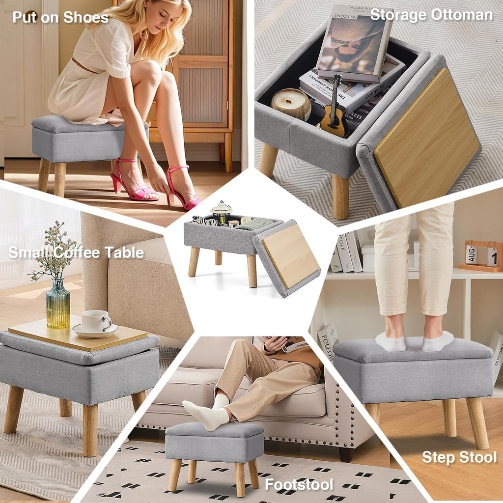 Footstool Ottoman with Storage, Linen Rectangle Storage Ottoman, Foot Stool with Legs Sofa Footrest for Living Room Entryway Office, Gray