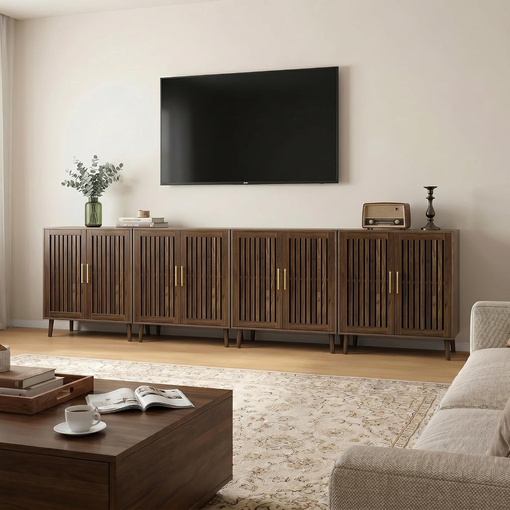 Sideboard Cabinet, Farmhouse Buffet Cabinet with Slatted Doors & Adjustable Shelf, Coffee Bar Storage Cabinet for Kitchen, Dining Room, Living Room, Entryway, Walnut, 80Cm Wide