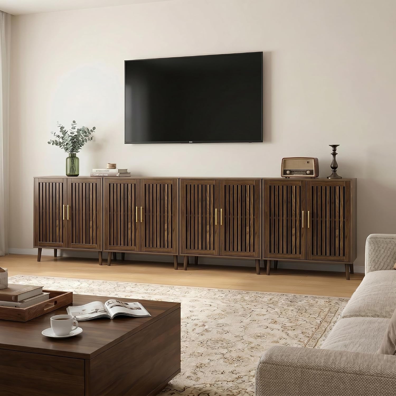 Sideboard Cabinet, Farmhouse Buffet Cabinet with Slatted Doors & Adjustable Shelf, Coffee Bar Storage Cabinet for Kitchen, Dining Room, Living Room, Entryway, Walnut, 80Cm Wide