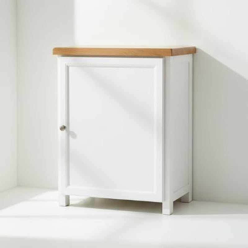 Storage Cabinet with Open Shelf, White and Oak Top, 2 Doors with Metal Knobs, Ready Assembled Storage Cabinet for Hallway or Livingroom (White 2)