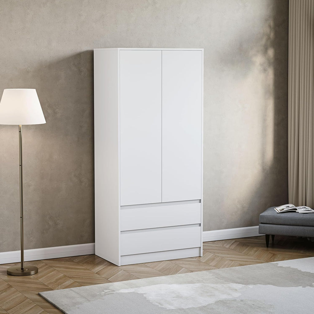 Denver 2 Door & 2 Drawer Wardrobe | White | Bedroom Furniture | 174H X 76W X 53D Cm | with Spacious Drawers & Hanging Rail | Large Capacity Storage