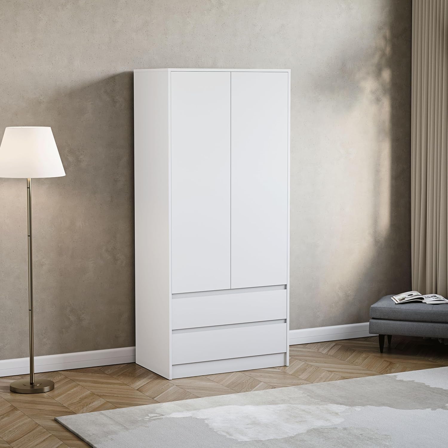 Denver 2 Door & 2 Drawer Wardrobe | White | Bedroom Furniture | 174H X 76W X 53D Cm | with Spacious Drawers & Hanging Rail | Large Capacity Storage