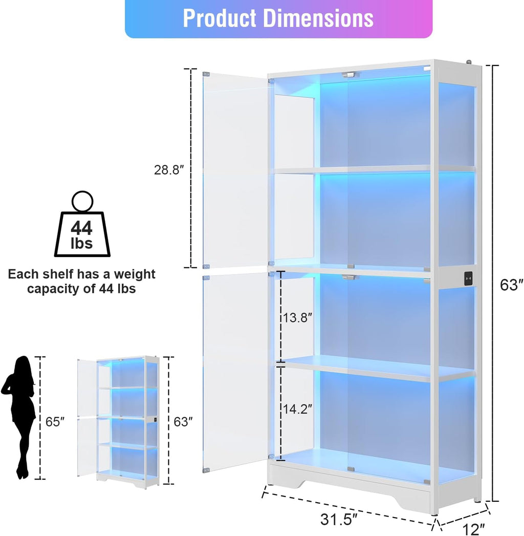 Display Cabinet with Glass Doors, 63" Tall Curio Cabinet with Human Sensor RGB LED Lights, 4-Tier Glass Display Case with 15Mm Thick Shelves for Action Figures, Collectibles, Books - White