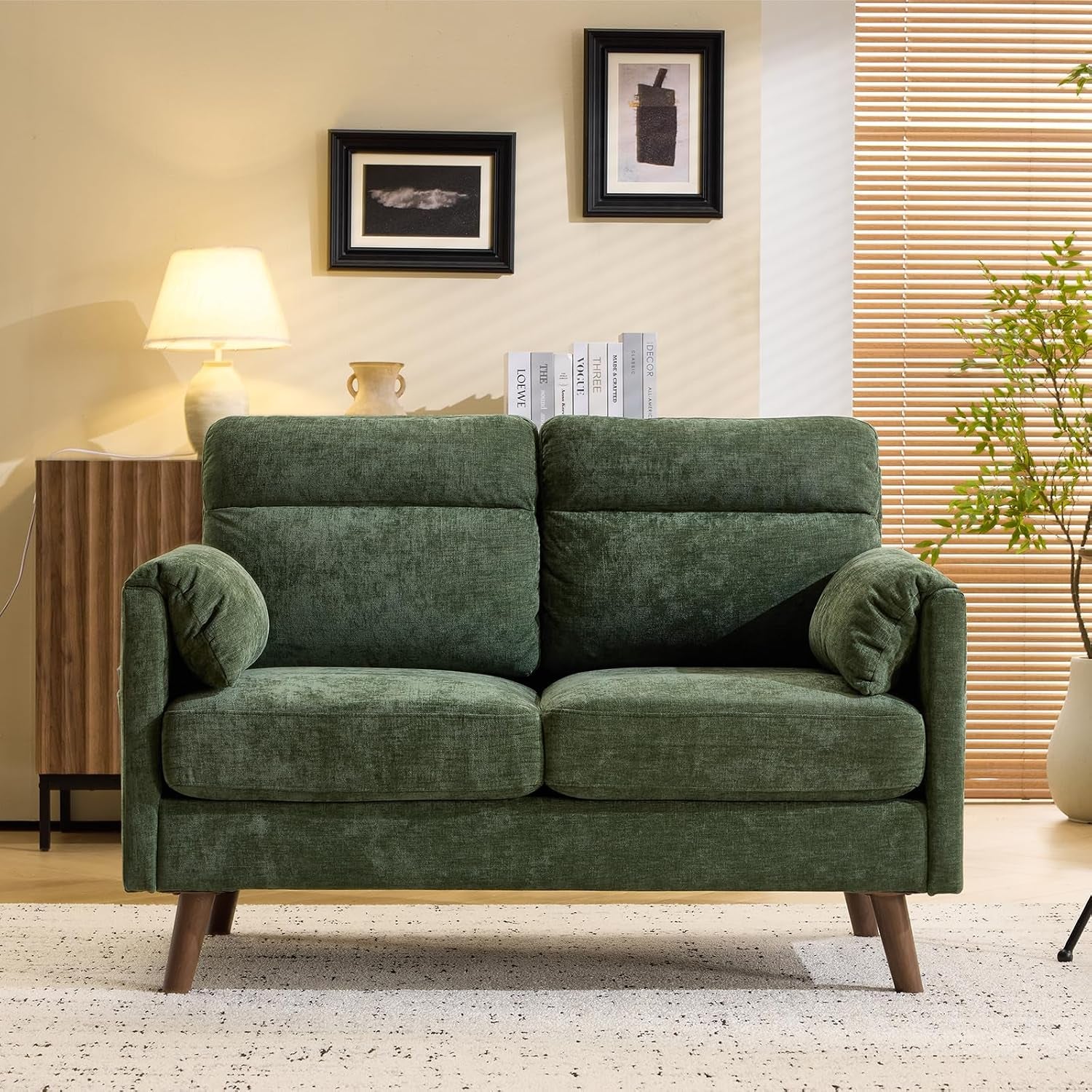 2 Seater Sofa, Modern Small Sofa with Soft Cushion and Tapered Legs | Compact Loveseat with Side Pocket Storage and Deep Seat, Perfect Couch for Living Room, Bedroom, Office, Apartment, Green