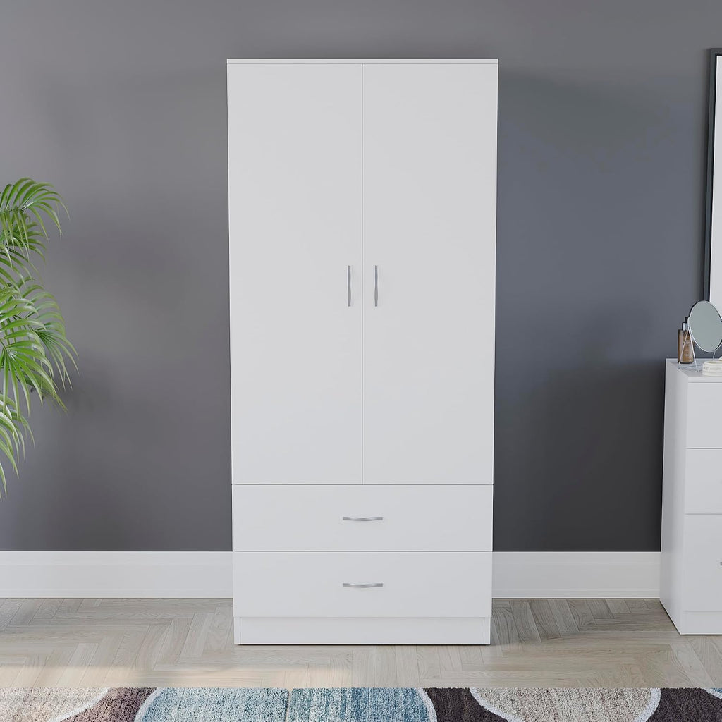Riano 2 Door & 2 Drawer Wardrobe | White | Bedroom Furniture | 170H X 76W X 53D Cm | with Shelf & Hanging Rail | Large Capacity Storage
