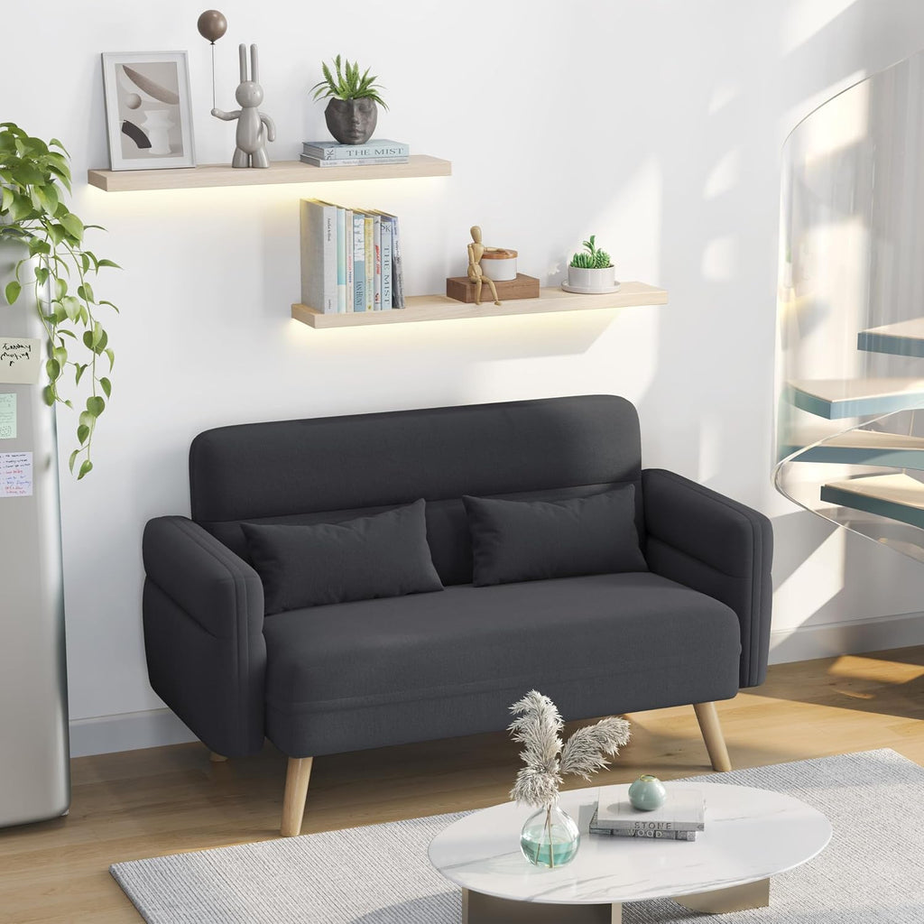 116Cm Fabric 2 Seater Loveseat Sofa with 2 Pillows, Dark Grey | Tapered Solid Wood Legs, Fabric Upholstery, Compact Size, 2 Matching Pillows, Ideal for Dorm, Office, Bedroom & Living Room