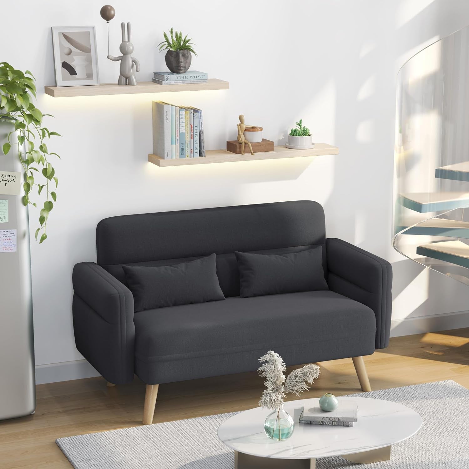 116Cm Fabric 2 Seater Loveseat Sofa with 2 Pillows, Dark Grey | Tapered Solid Wood Legs, Fabric Upholstery, Compact Size, 2 Matching Pillows, Ideal for Dorm, Office, Bedroom & Living Room