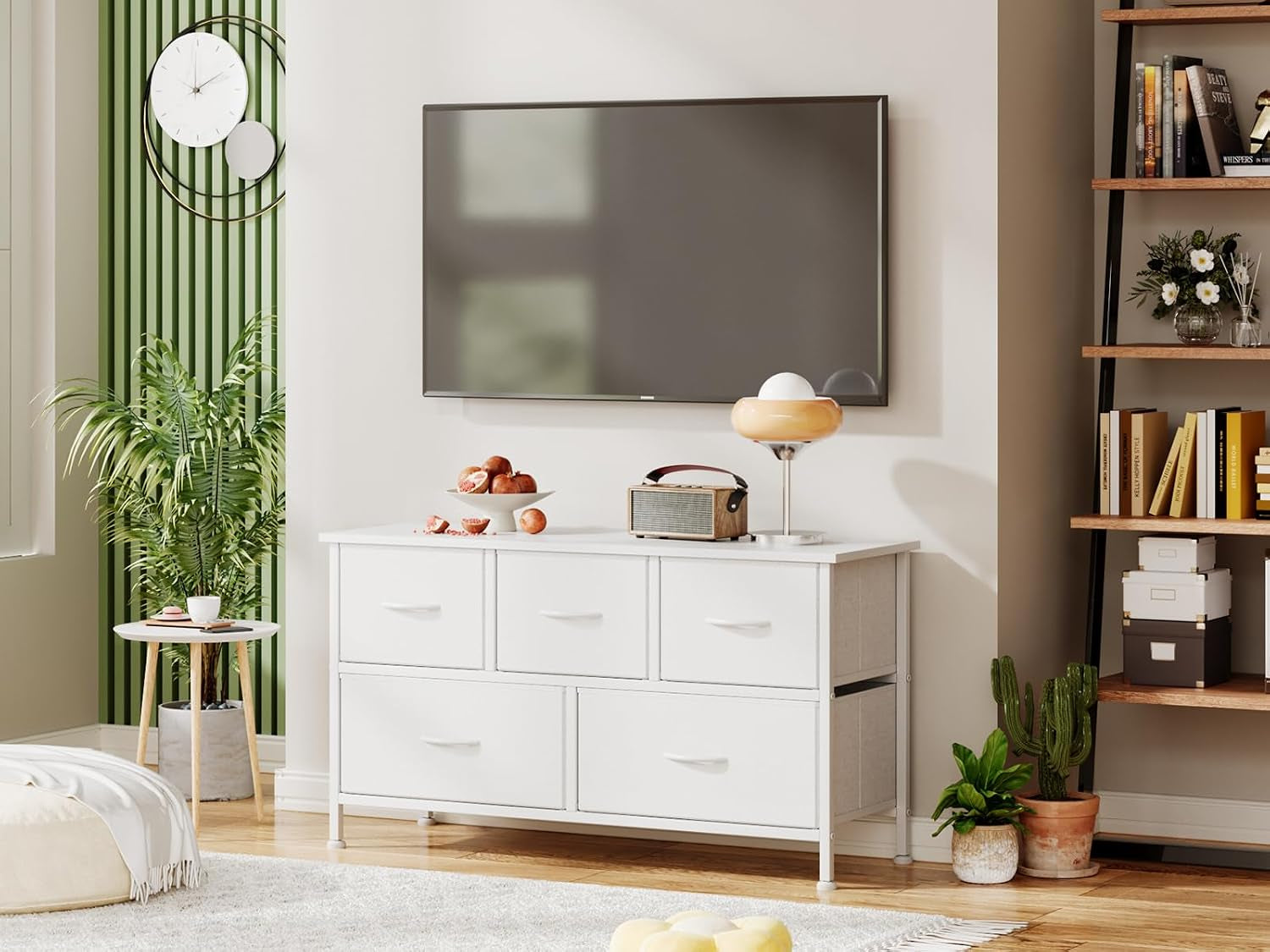 Chest of Drawers with 5 Drawers, White Fabric Dresser with Wood Top for Bedroom, Living Room, Large Storage Space