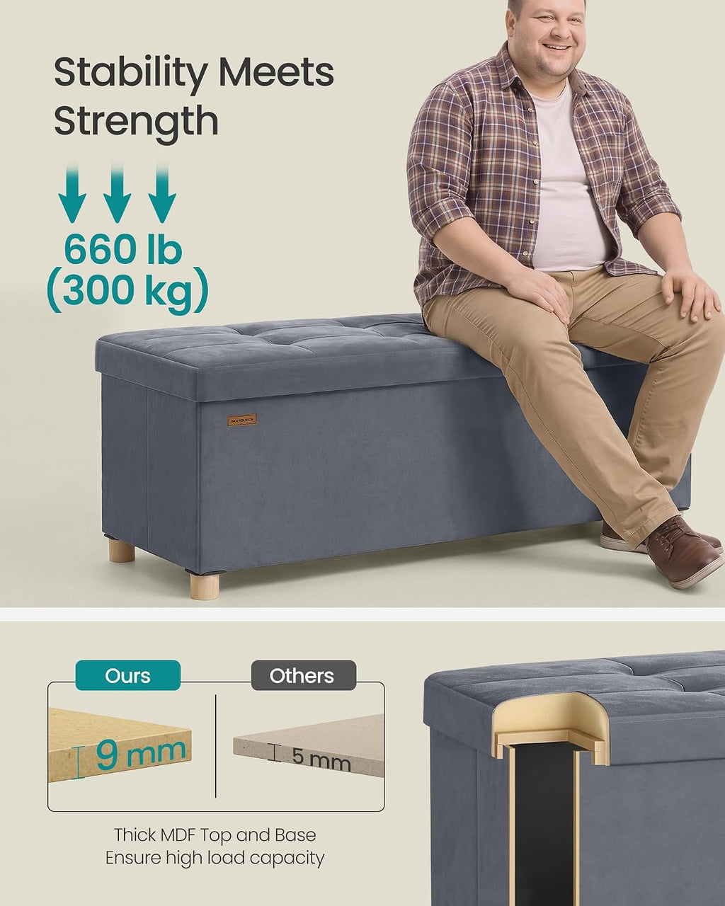 Storage Ottoman, 38 X 110 X 40 Cm, Folding Storage Bench with Lid, Footstool, Footrest, 112 L, Velvet Surface, for Bedroom, Hallway, Living Room, Slate Grey LSF0518G03