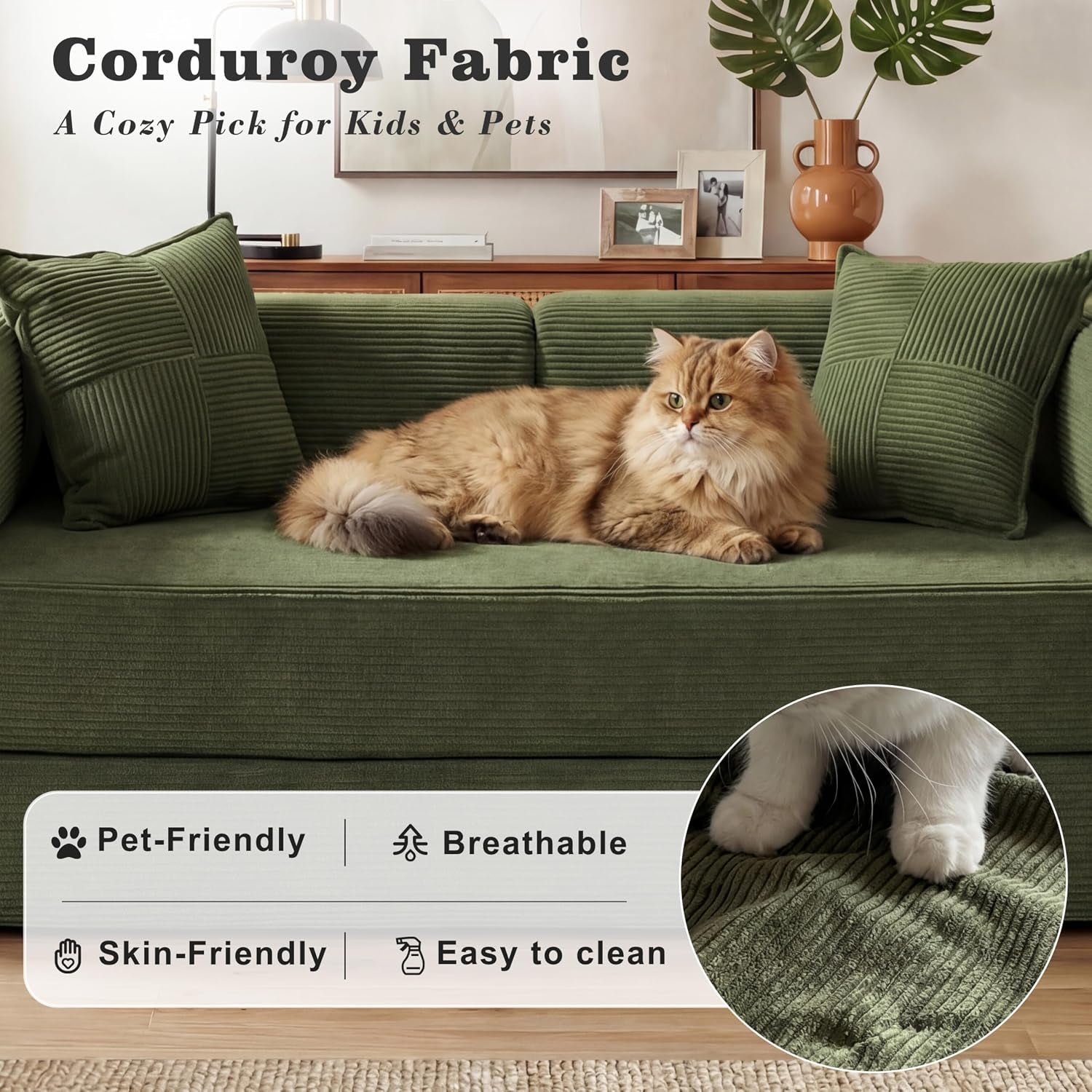 3 Seater Boneless Sofa Bed,Modular Convertible Couch,Pull Out,Green | 5-In-1 Folding Double Futon Sofa Bed|Corduroy Fabric|2 Memory Foam Pillows|Sectional Compressed Couches|200Cm for Living Room