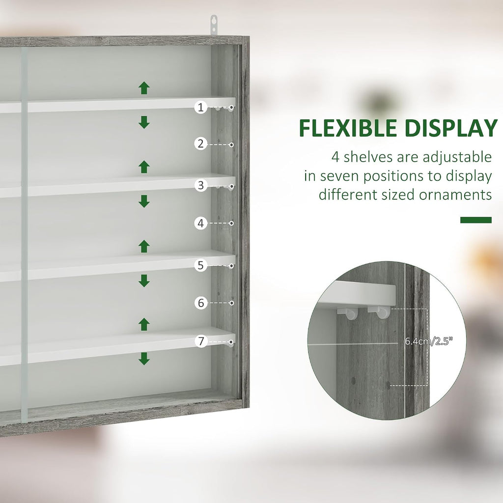 5-Tier Wall Mounted Display Cabinet Glass Doors 60X80Cm Grey Wood | Display Case, 4 Adjustable Shelves, for Home Office Ornaments