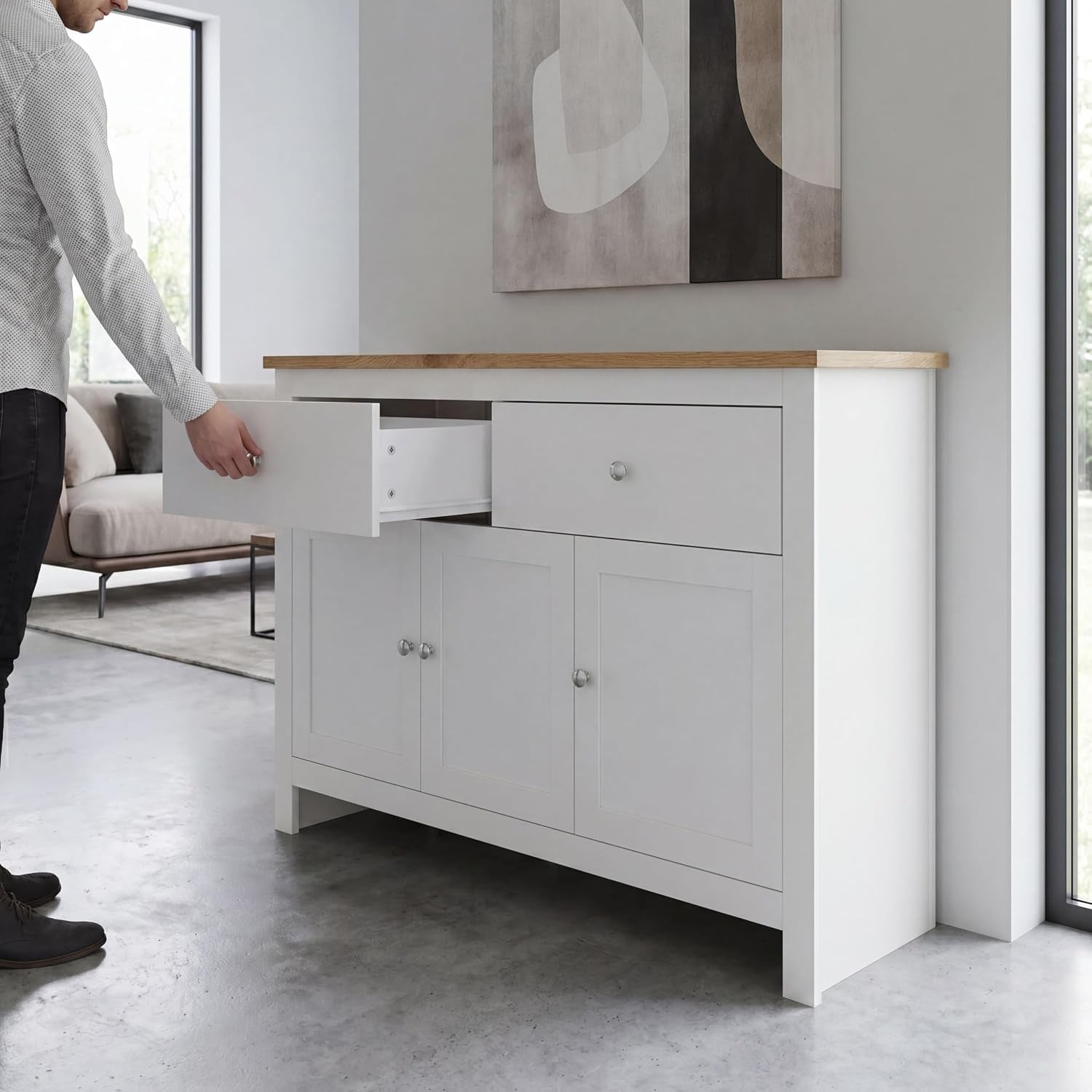 Arlington Sideboard, Buffet Table, Cupboard Cabinet (White & Oak, 2 Drawer 3 Door)