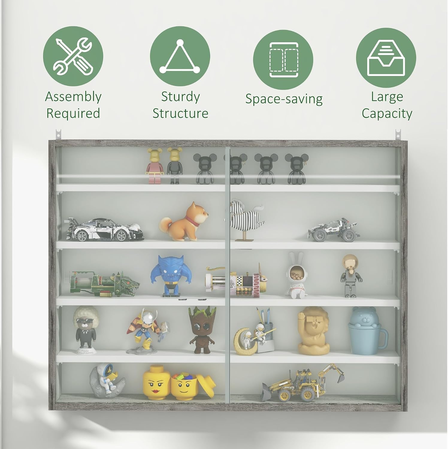5-Tier Wall Mounted Display Cabinet Glass Doors 60X80Cm Grey Wood | Display Case, 4 Adjustable Shelves, for Home Office Ornaments