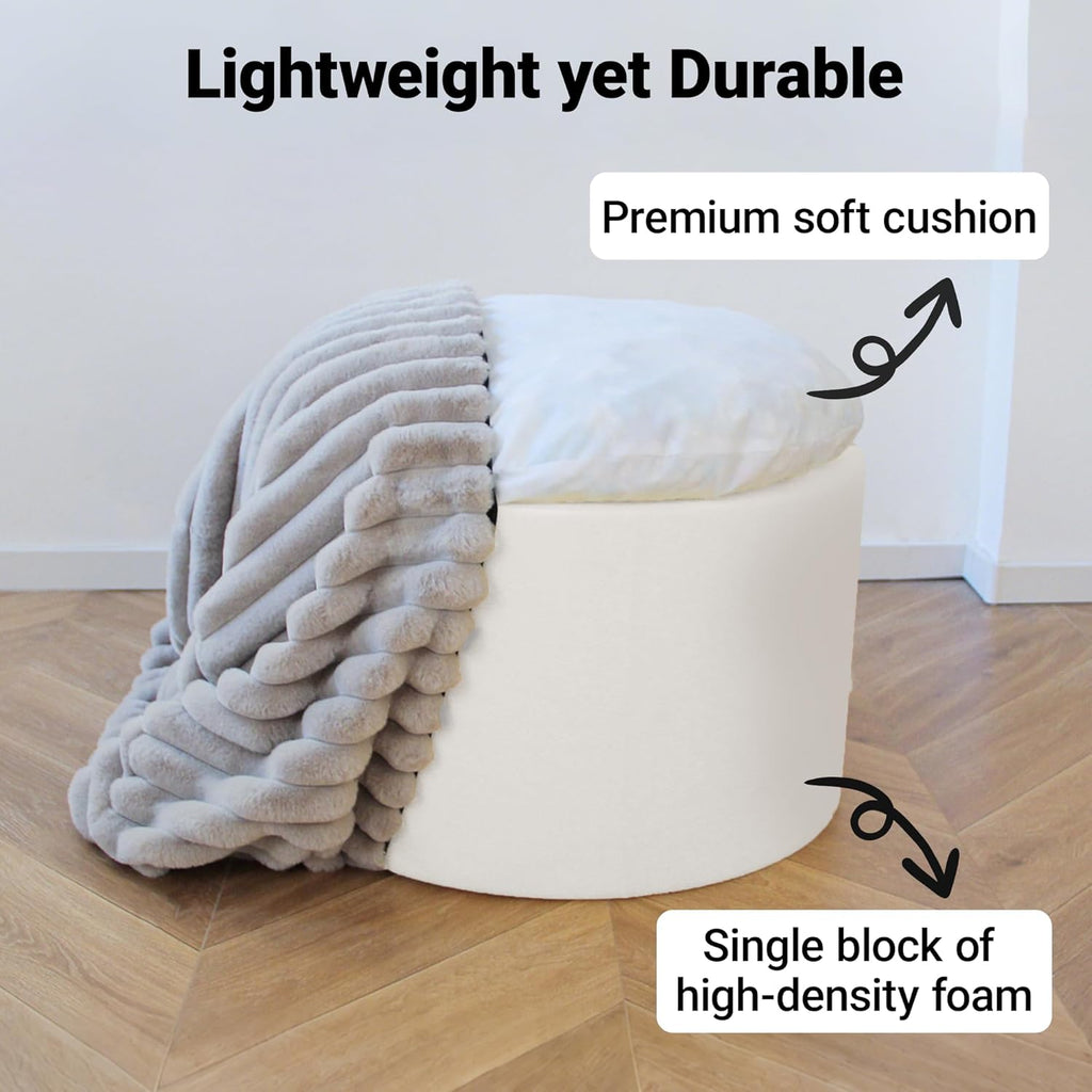 Round Footstool Bean Bag, Faux Fur Pouffe, Grey | Pouf with Foam Chunk Filling, Ottoman Stuffed round for Foot Rest, Dressing Table Stool, 38X50 Cm Footstool for Living Room