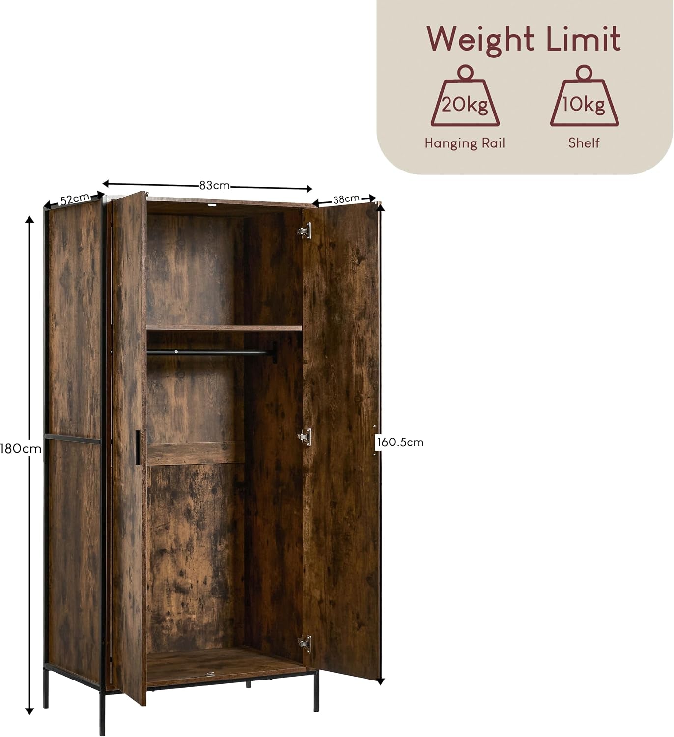 Brooklyn 2 Door Wardrobe Clothes Hanging Rail Shelf Industrial Rustic Bedroom Furniture (Dark Wood)