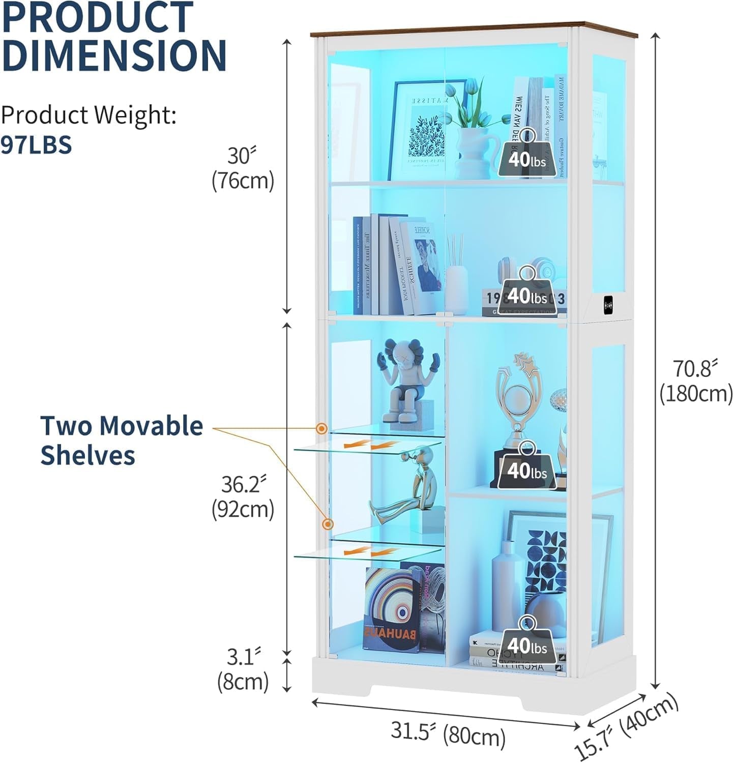 180Cm LED Display Cabinet with Glass Doors for Collectibles,White | Curio Cabinet with Glass Shelf,6-Tier Display Cases with 3 Color Lights and Human Body for Bedroom,Books,Toys