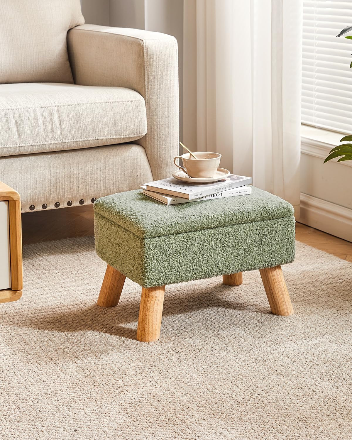 Storage Ottoman, Footstool, Small Foot Stool with Sturdy Wood Legs Stool, Foot Rest with Padded Seat, for Living Room Bedroom Couch Enterway 40 ×30 ×28CM Green HBD042GR