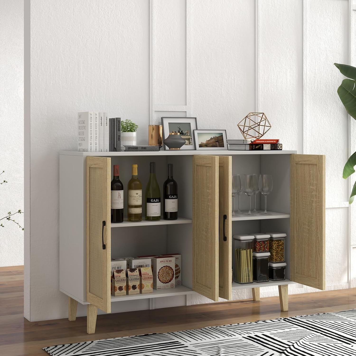 Buffet Storage Cabinet with Rattan Decorating Living Room Wood Kitchen Sideboard Accent Cabinet (White, 123(W) X 38(D) X 88(H))