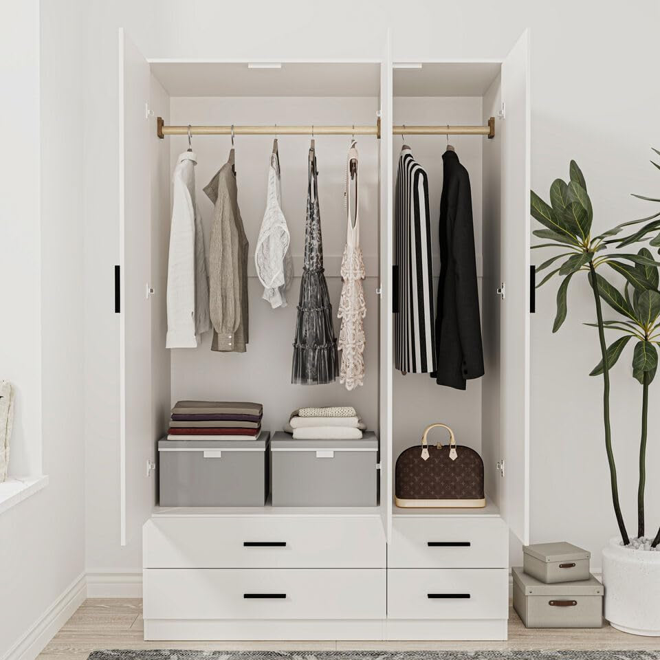 Modern 3 Door 4 Drawer Wardrobe with Hanging Rail, Bedroom Furniture, Storage Shelf Clothes Organiser Stylish Design, Ample Storage Solution (White)