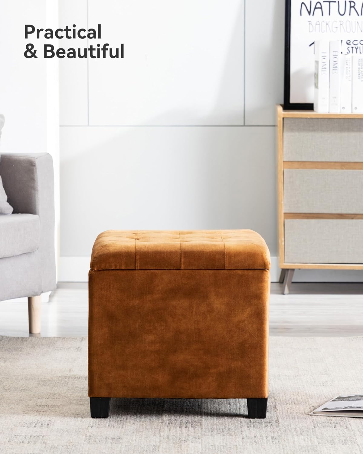 45Cm Velvet Storage Ottoman Footstool Pouffe with Lid (Mustard) | Cube Velvet Finish, Hidden Storage for Blankets and Toys, Padded Seat Comfort, Footstool and Extra Seating for Living Rooms