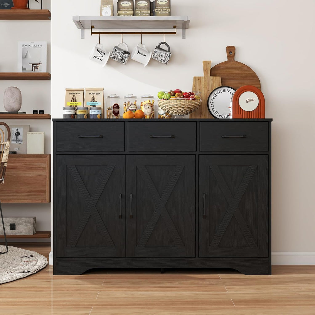 Wooden Sideboard 3 Drawers 3 Doors Entryway Dining Room Console Living Room Storage Farmhouse Sideboard Cabinet (Black)