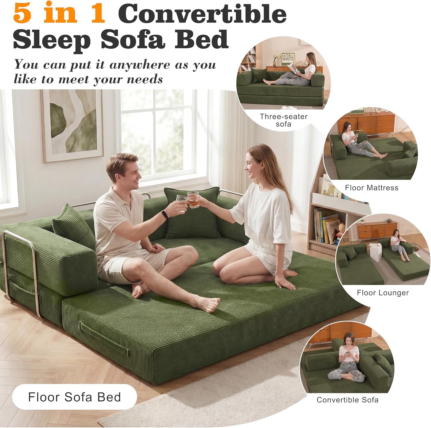 3 Seater Boneless Sofa Bed,Modular Convertible Couch,Pull Out,Green | 5-In-1 Folding Double Futon Sofa Bed|Corduroy Fabric|2 Memory Foam Pillows|Sectional Compressed Couches|200Cm for Living Room