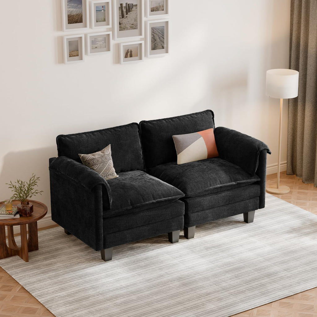 Modular Cloud Sofa, 256Cm Wide L-Shaped Sofa with Ottoman, Modern Chenille 3 Seater Corner Couch with 62Cm Deep Seat, Tool-Free Assembly for Living Room, Apartments & Guest Room, Black