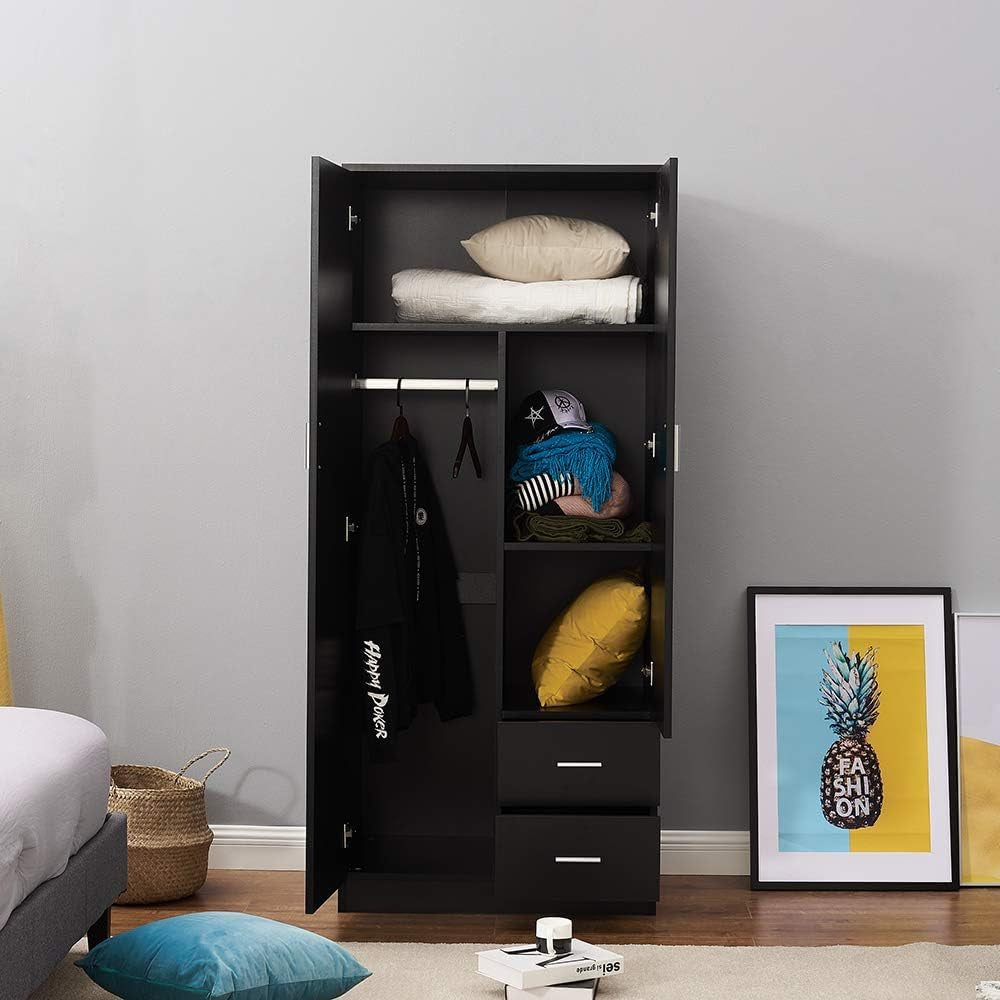 Wooden 2 Door 2 Drawer Wardrobe with Shelf and Hanging Rail Modern Clothes Storage Cupboards Unit for Bedroom Furniture W 77 * D 50 * H 180Cm (Black)