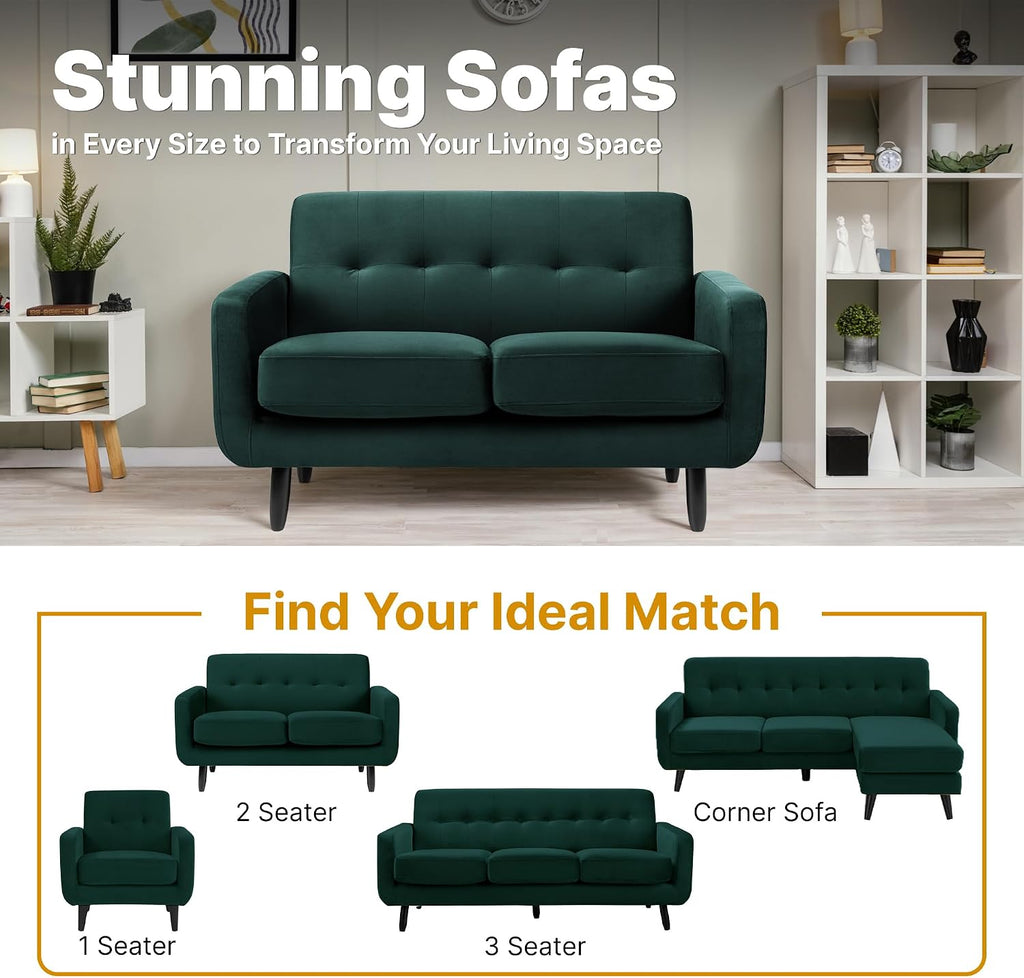 Oslo 2 Seater Compact Sofa in Dark Green Velvet Fabric | W130 X D80 X H80 Cm, Padded Cushions, 2 Couch for Modern Living Rooms, Bedrooms & Flats, Velvet Fabric