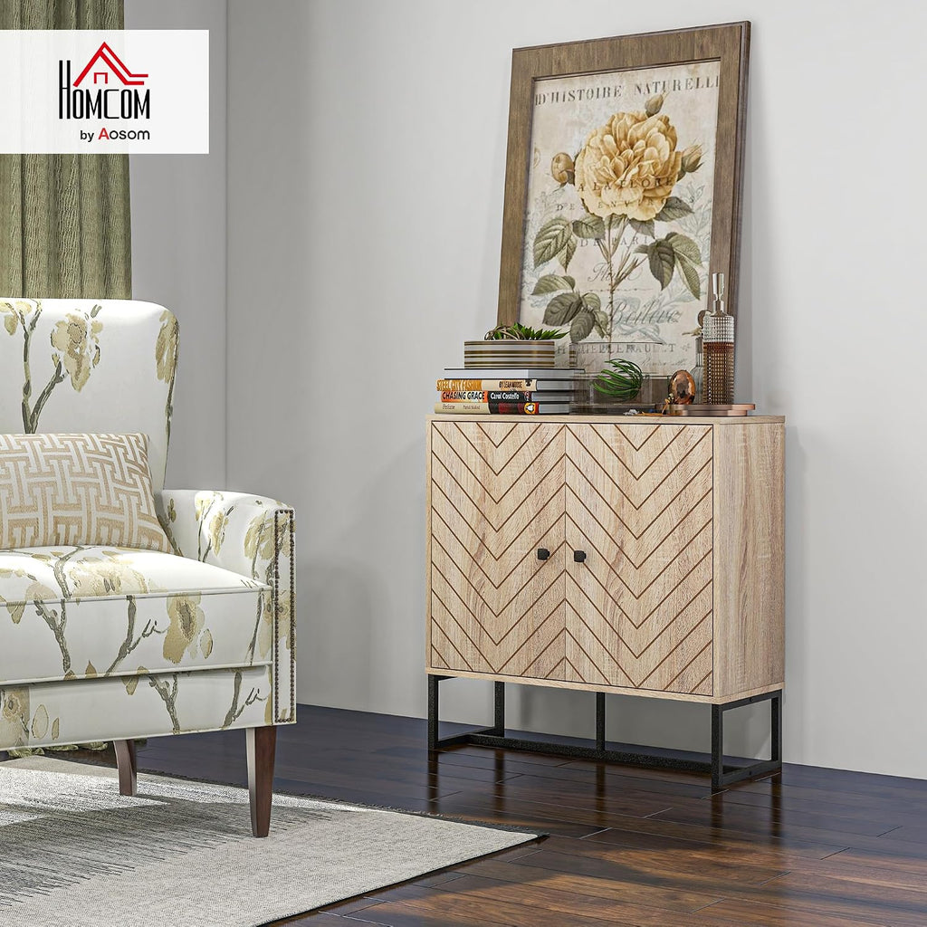 Sideboard Buffet Cabinet with Chevron Doors Metal Base Natural | Modern Accent Cabinet, Freestanding Storage Cupboard, Adjustable Shelf, Living Room, Dining Room