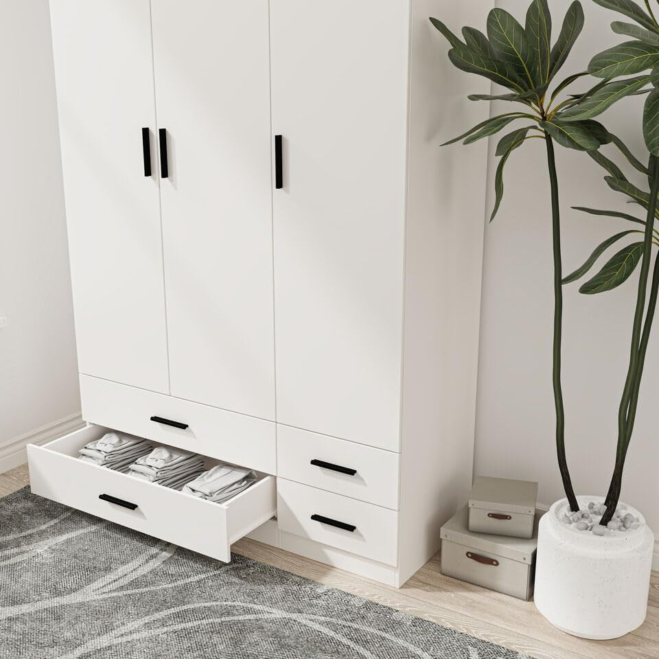 Modern 3 Door 4 Drawer Wardrobe with Hanging Rail, Bedroom Furniture, Storage Shelf Clothes Organiser Stylish Design, Ample Storage Solution (White)