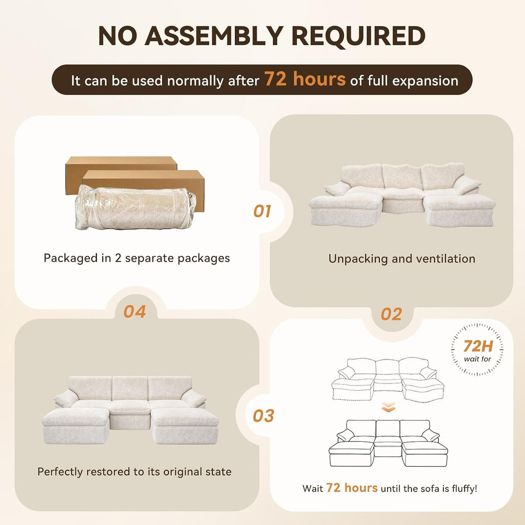 Boneless Cloud Sectional Sofa, 240Cm Modular Chenille Couch, Beige | No Assembly Needed, Expands in 72Hrs, 380Gsm Skin-Friendly Chenille Fabric, Perfect for Living Rooms & Apartments