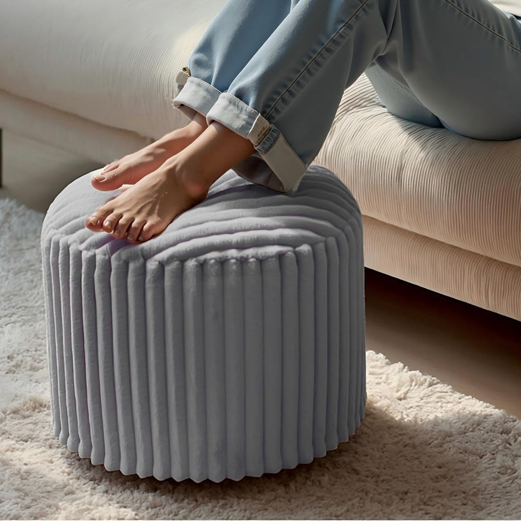 Round Footstool Bean Bag, Faux Fur Pouffe, Grey | Pouf with Foam Chunk Filling, Ottoman Stuffed round for Foot Rest, Dressing Table Stool, 38X50 Cm Footstool for Living Room