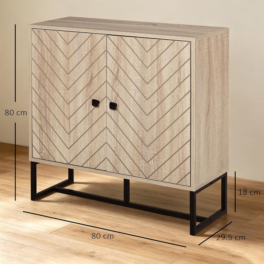 Sideboard Buffet Cabinet with Chevron Doors Metal Base Natural | Modern Accent Cabinet, Freestanding Storage Cupboard, Adjustable Shelf, Living Room, Dining Room